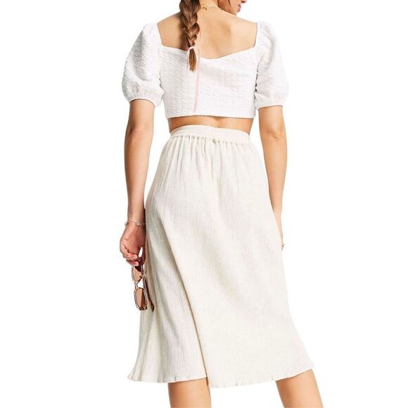 ASOS Drawstring Midi Crinkle Cream Skirt 14 - Picture 2 of 5